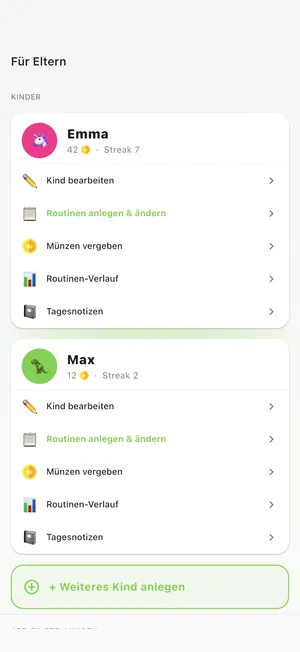 Der PIN-geschützte Eltern-Bereich von Ritualio mit beiden Kindern auf einer Seite