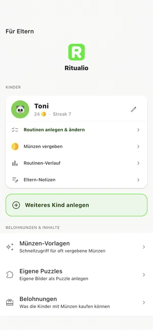 Der PIN-geschützte Eltern-Bereich von Ritualio: Tonis Profil mit Routinen, Münzen vergeben, Verlauf und Eltern-Notizen