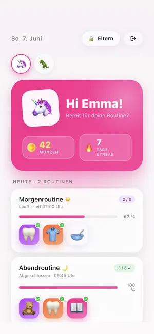 Die Heute-Ansicht von Ritualio: Emmas Morgenroutine mit vier Aufgaben, Münzstand und Tage-Streak