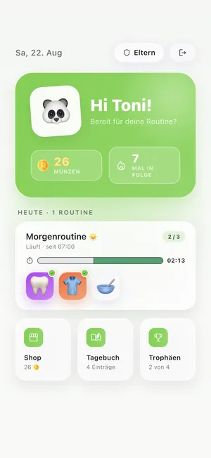 Die Heute-Ansicht von Ritualio: Tonis laufende Morgenroutine mit drei Aufgaben, Münzstand und Erfolgsserie
