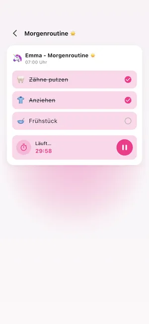 Der Routine-Ablauf von Ritualio: Zähne putzen und Anziehen abgehakt, Frühstück offen, dazu ein laufender Timer