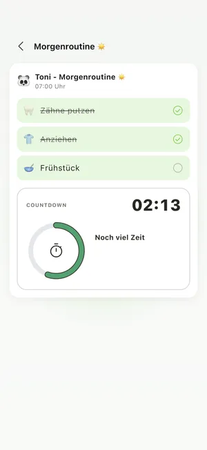 Der Routine-Ablauf von Ritualio: Zähne putzen und Anziehen abgehakt, Frühstück offen, dazu ein laufender Timer
